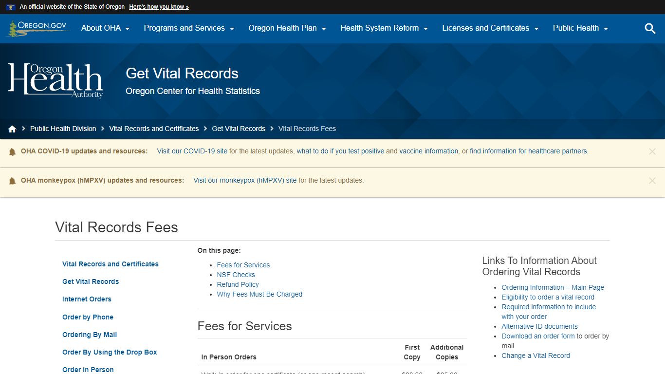 Oregon Health Authority : Vital Records Fees : Get Vital Records ...